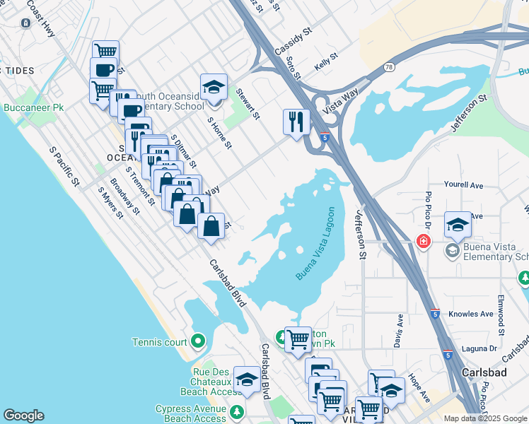 map of restaurants, bars, coffee shops, grocery stores, and more near 2102 South Nevada Street in Oceanside