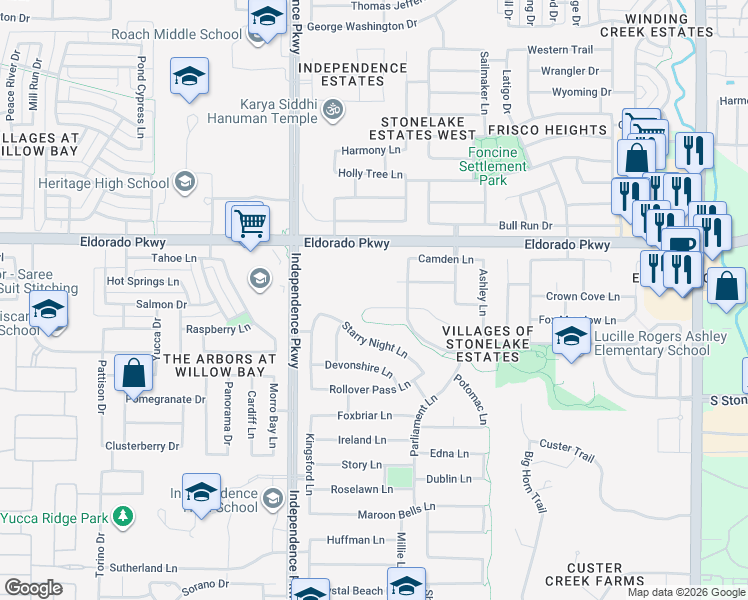 map of restaurants, bars, coffee shops, grocery stores, and more near 14836 Bardwell Lane in Frisco