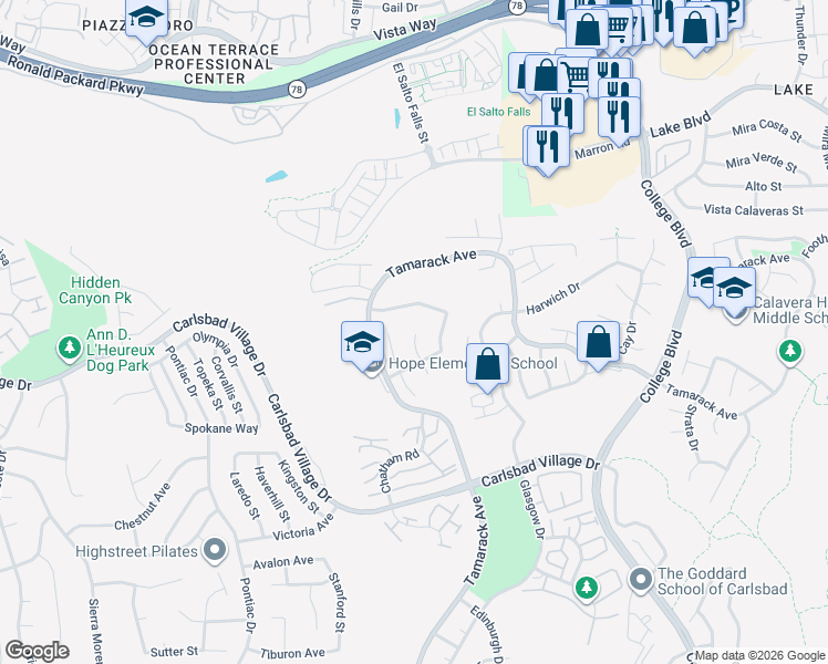 map of restaurants, bars, coffee shops, grocery stores, and more near 3019 Glenbrook Street in Carlsbad