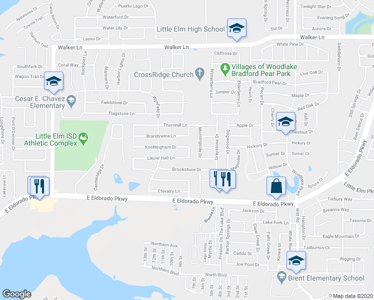 map of restaurants, bars, coffee shops, grocery stores, and more near 1577 Knottingham Drive in Little Elm