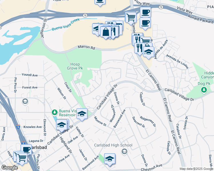 map of restaurants, bars, coffee shops, grocery stores, and more near Trails Lane in Carlsbad
