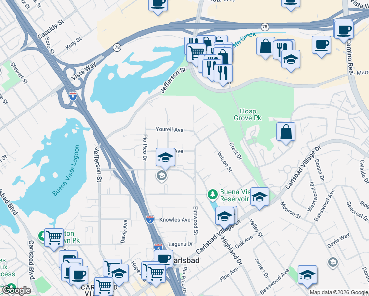 map of restaurants, bars, coffee shops, grocery stores, and more near 1440 Forest Avenue in Carlsbad