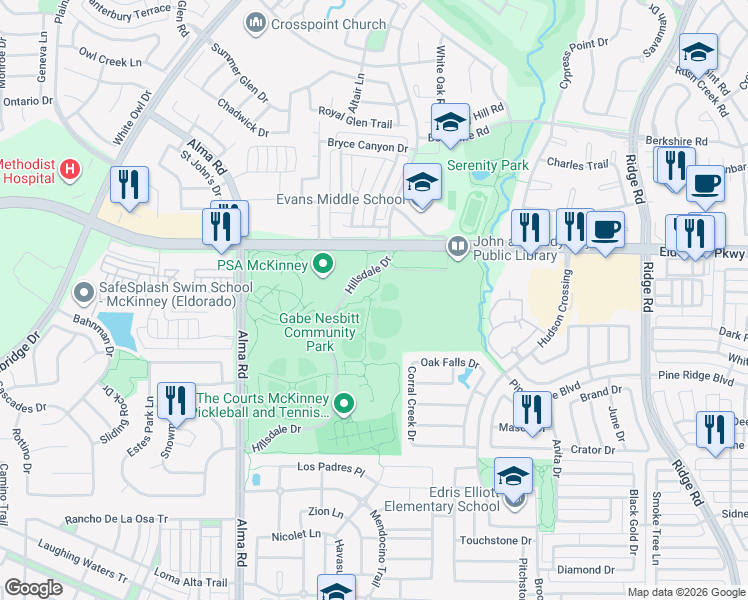map of restaurants, bars, coffee shops, grocery stores, and more near 7001 Eldorado Parkway in McKinney