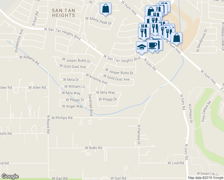 map of restaurants, bars, coffee shops, grocery stores, and more near 2270 West Mila Way in Queen Creek