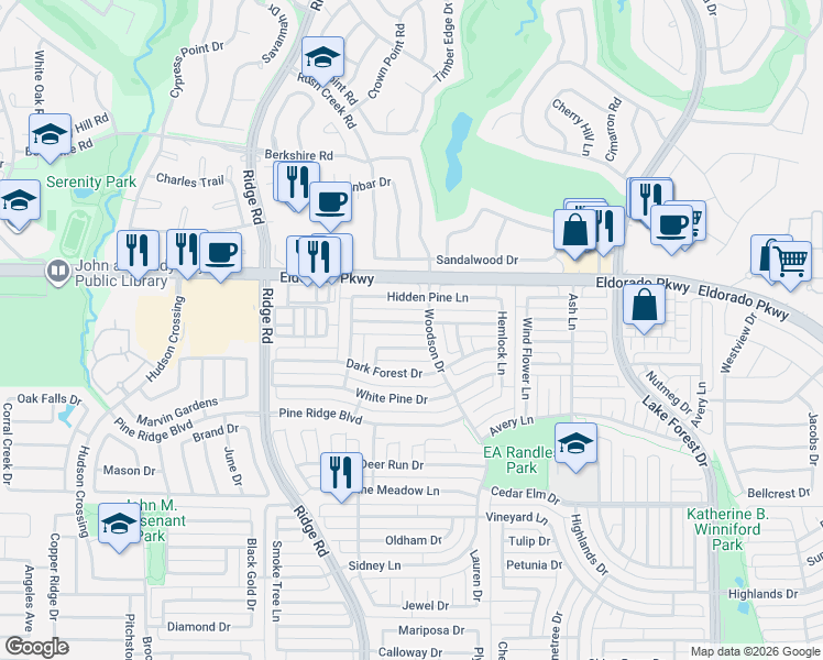 map of restaurants, bars, coffee shops, grocery stores, and more near 5821 Blue Spruce Lane in McKinney