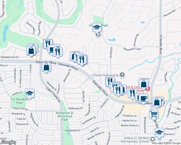 map of restaurants, bars, coffee shops, grocery stores, and more near 4500 West Eldorado Parkway in McKinney