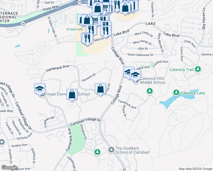 map of restaurants, bars, coffee shops, grocery stores, and more near 3593 Granite Court in Carlsbad