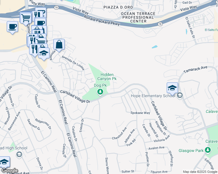 map of restaurants, bars, coffee shops, grocery stores, and more near 2688 Waterbury Way in Carlsbad