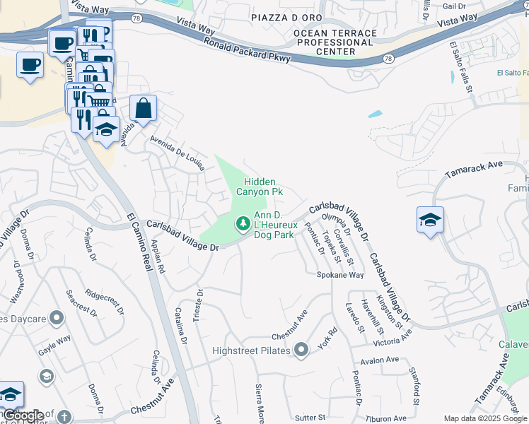map of restaurants, bars, coffee shops, grocery stores, and more near 2688 Waterbury Way in Carlsbad