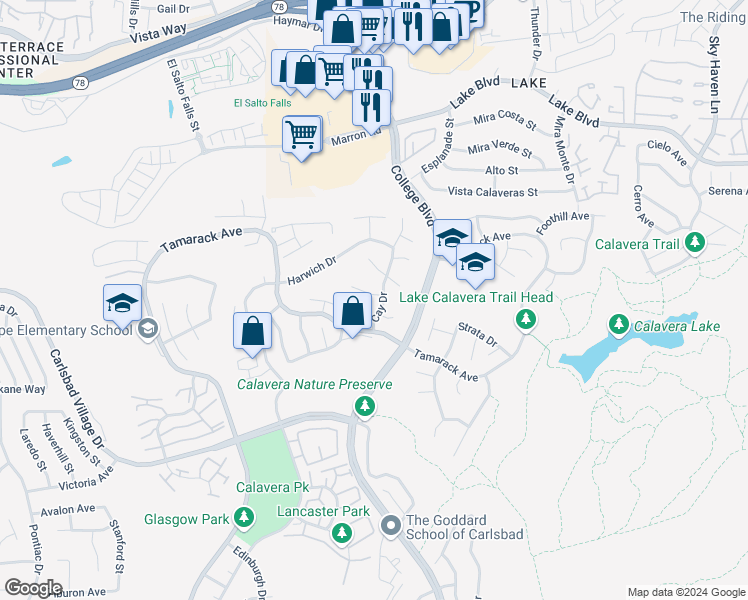 map of restaurants, bars, coffee shops, grocery stores, and more near 3593 Granite Court in Carlsbad