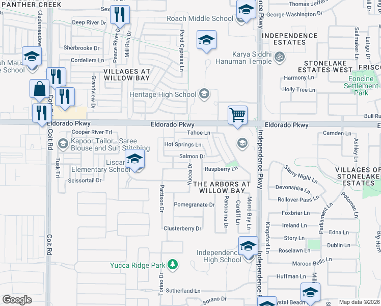map of restaurants, bars, coffee shops, grocery stores, and more near 13913 Hot Springs Lane in Frisco