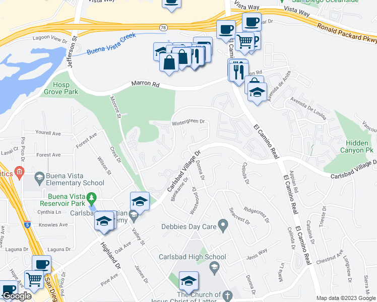 map of restaurants, bars, coffee shops, grocery stores, and more near 3151 Donna Drive in Carlsbad