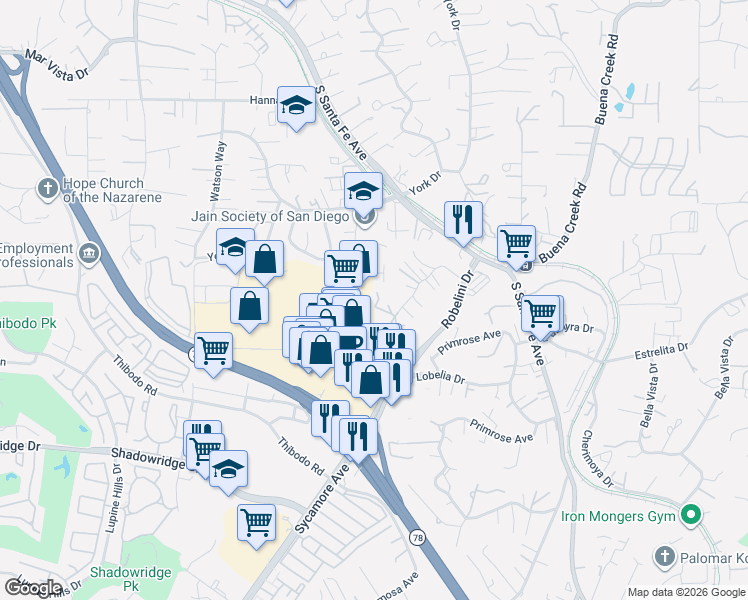 map of restaurants, bars, coffee shops, grocery stores, and more near 1740 University Drive in Vista
