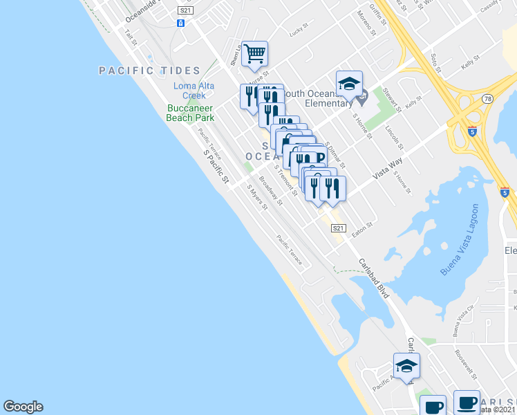 map of restaurants, bars, coffee shops, grocery stores, and more near 1824 South Pacific Street in Oceanside