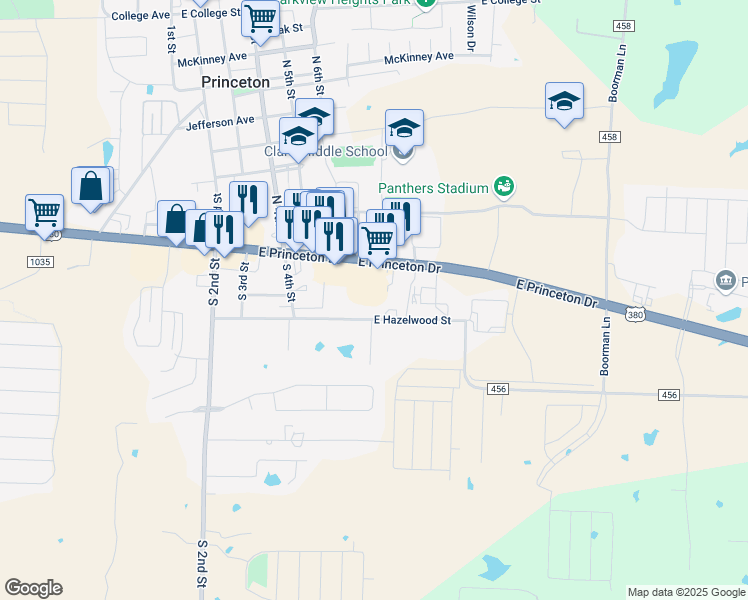 map of restaurants, bars, coffee shops, grocery stores, and more near 691 East Princeton Drive in Princeton