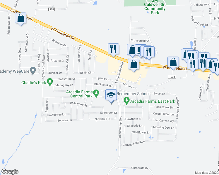 map of restaurants, bars, coffee shops, grocery stores, and more near 815 Blackhawk Drive in Princeton