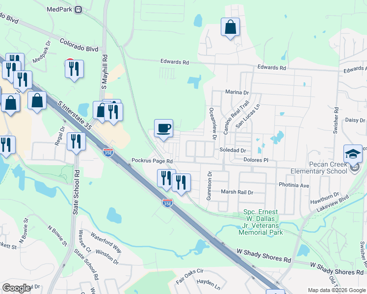 map of restaurants, bars, coffee shops, grocery stores, and more near 3808 Windy Point Drive in Denton