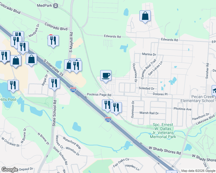 map of restaurants, bars, coffee shops, grocery stores, and more near 4405 Pockrus Page Road in Denton