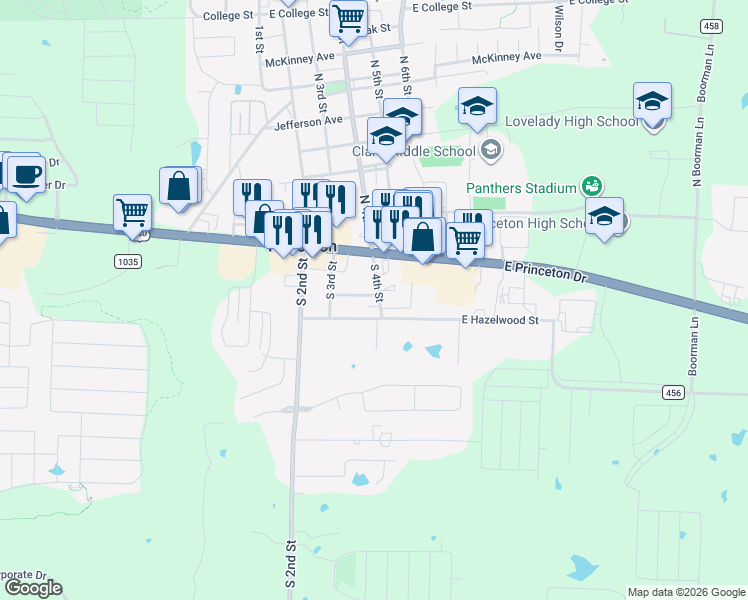 map of restaurants, bars, coffee shops, grocery stores, and more near 316 Allenwood Drive in Princeton