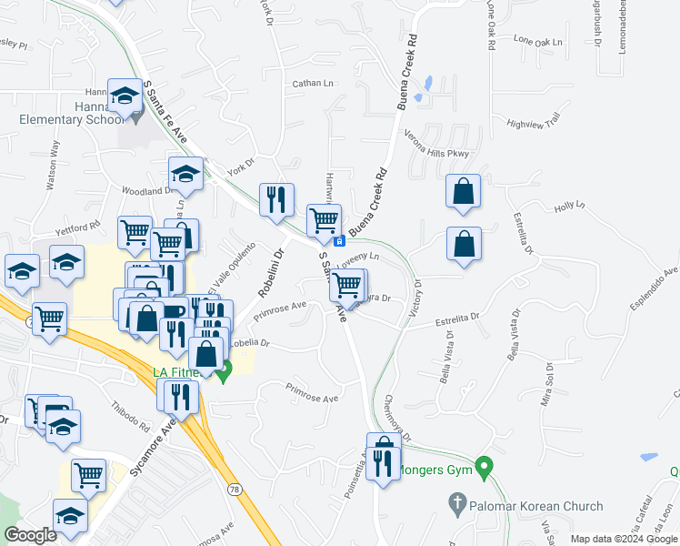map of restaurants, bars, coffee shops, grocery stores, and more near 2130 Abelia Lane in Vista