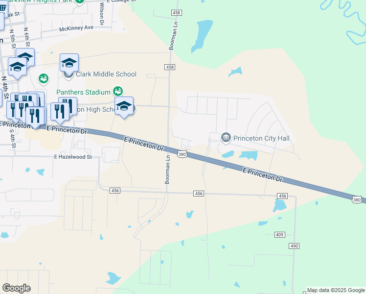 map of restaurants, bars, coffee shops, grocery stores, and more near 1610 East Princeton Drive in Princeton