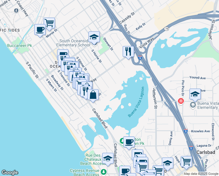 map of restaurants, bars, coffee shops, grocery stores, and more near 2102 South Nevada Street in Oceanside