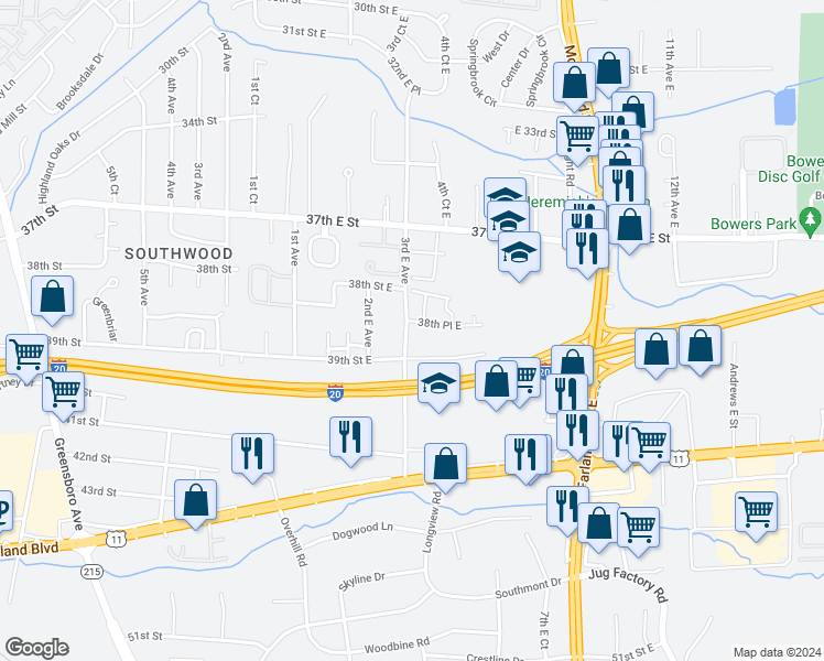 map of restaurants, bars, coffee shops, grocery stores, and more near 3831 3rd East Avenue in Tuscaloosa