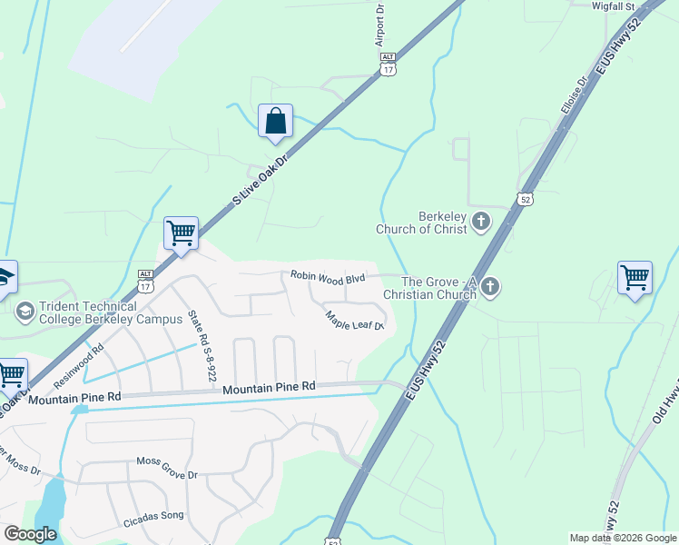 map of restaurants, bars, coffee shops, grocery stores, and more near 305 Wilderland Court in Moncks Corner