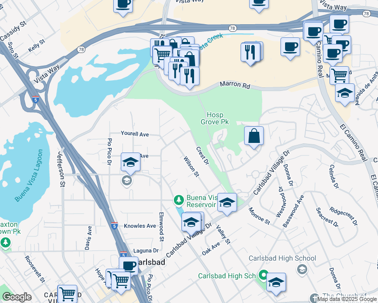 map of restaurants, bars, coffee shops, grocery stores, and more near 2628 Wilson Street in Carlsbad
