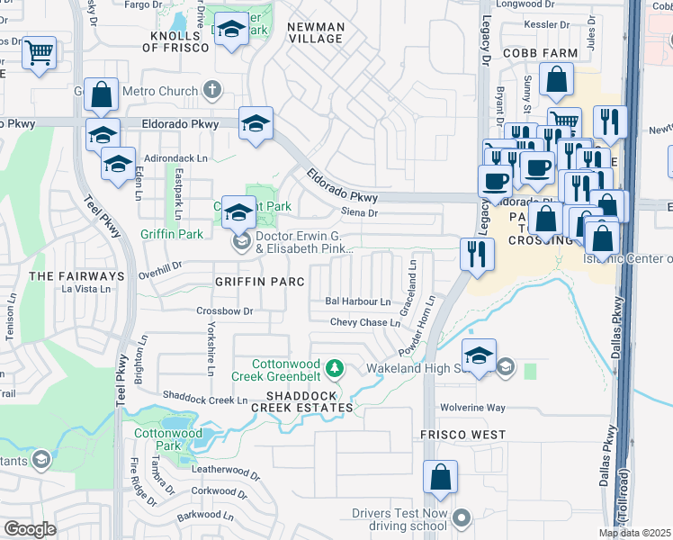 map of restaurants, bars, coffee shops, grocery stores, and more near 11320 Berkeley Hall Lane in Frisco