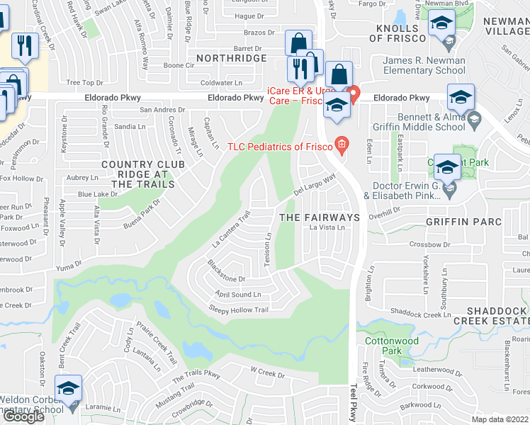 map of restaurants, bars, coffee shops, grocery stores, and more near 2501 Del Largo Way in Frisco
