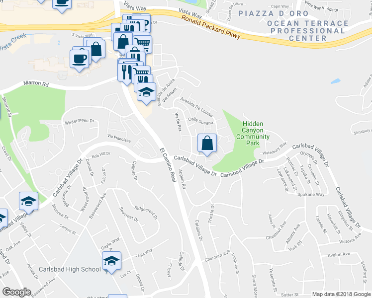 map of restaurants, bars, coffee shops, grocery stores, and more near 2512 Via Sorbete in Carlsbad