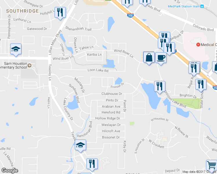 map of restaurants, bars, coffee shops, grocery stores, and more near 2920 Frontier Drive in Denton