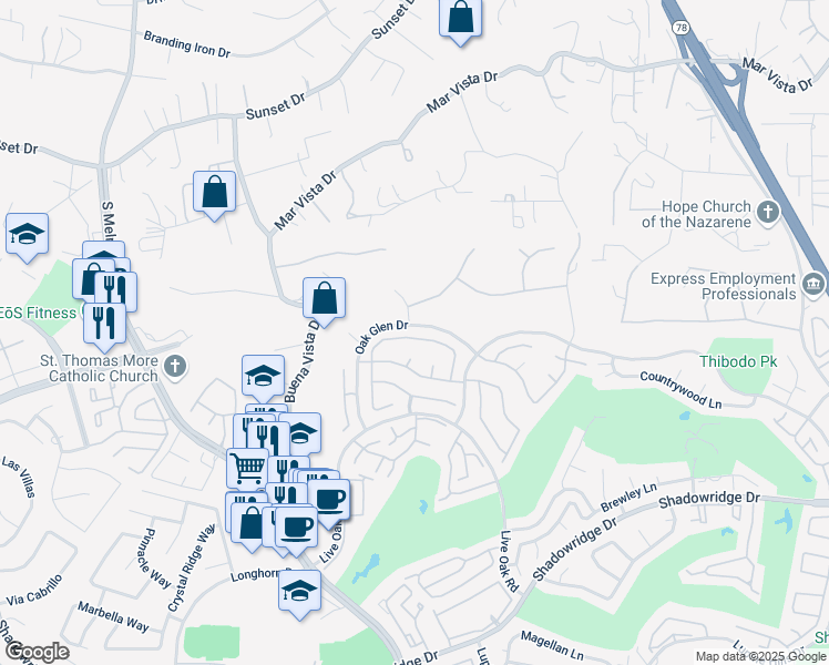 map of restaurants, bars, coffee shops, grocery stores, and more near 1541 Madrid Drive in Vista