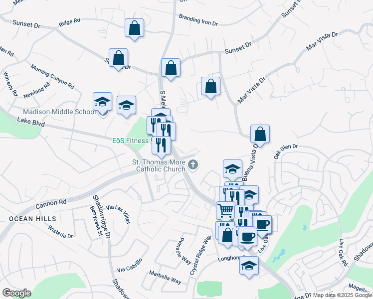 map of restaurants, bars, coffee shops, grocery stores, and more near 1440 South Melrose Drive in Oceanside