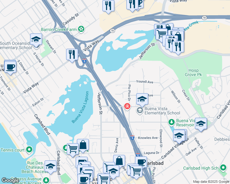 map of restaurants, bars, coffee shops, grocery stores, and more near 1204 Lanai Court in Carlsbad
