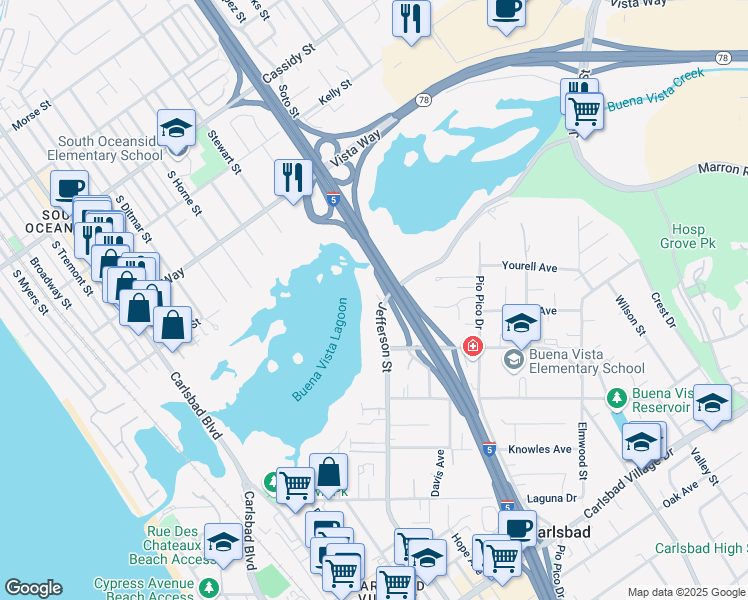 map of restaurants, bars, coffee shops, grocery stores, and more near 2361 Jefferson Street in Carlsbad
