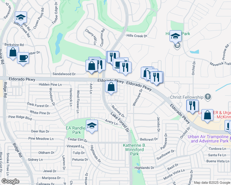 map of restaurants, bars, coffee shops, grocery stores, and more near 4808 Heather Glen Trail in McKinney