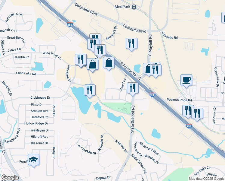 map of restaurants, bars, coffee shops, grocery stores, and more near 3412 Briercliff Drive in Denton