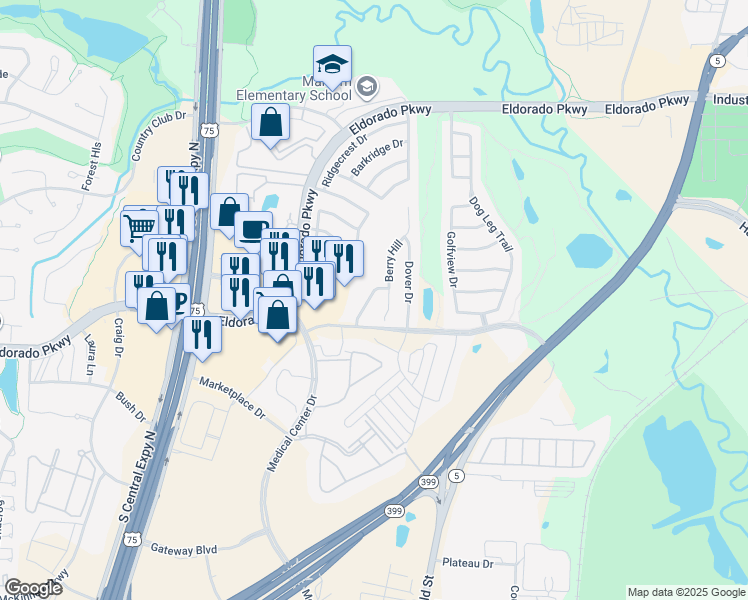 map of restaurants, bars, coffee shops, grocery stores, and more near 2909 Coventry Lane in McKinney