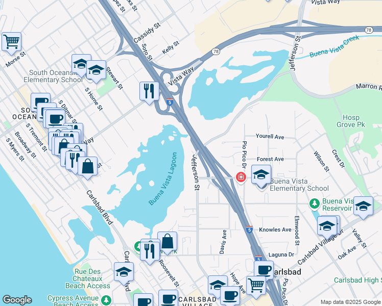 map of restaurants, bars, coffee shops, grocery stores, and more near 2361 Jefferson Street in Carlsbad