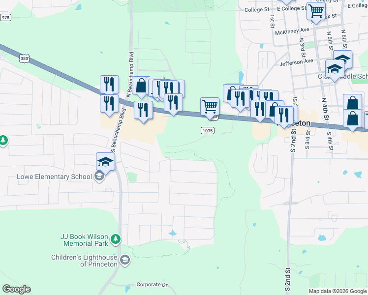 map of restaurants, bars, coffee shops, grocery stores, and more near 227 Ticky Drive in Princeton
