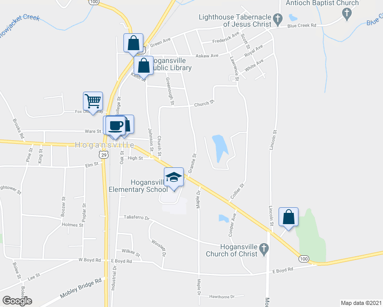 map of restaurants, bars, coffee shops, grocery stores, and more near 104 Granite Street in Hogansville