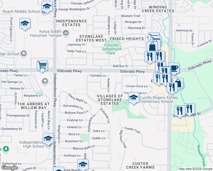 map of restaurants, bars, coffee shops, grocery stores, and more near 11463 Ashley Lane in Frisco