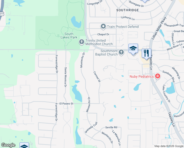 map of restaurants, bars, coffee shops, grocery stores, and more near 3010 Carmel St in Denton