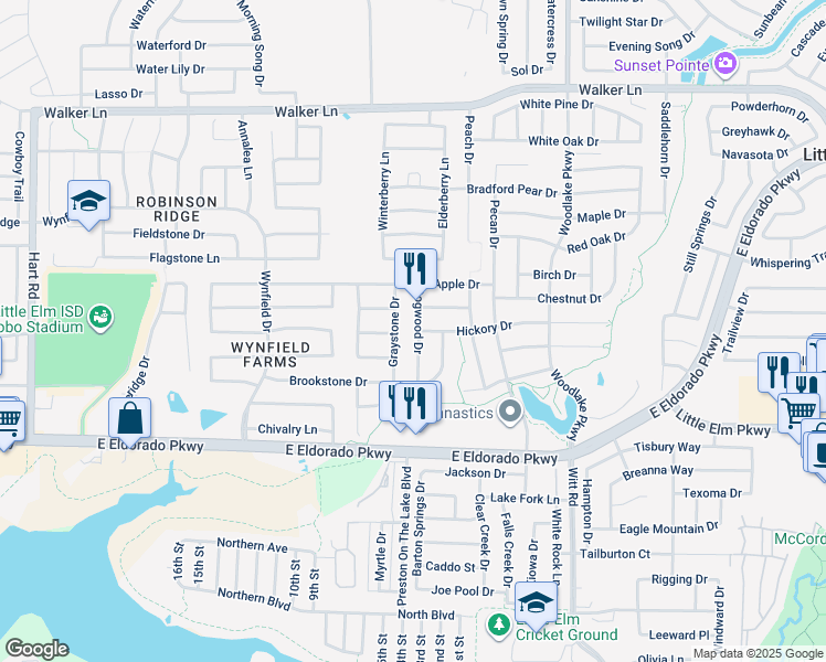 map of restaurants, bars, coffee shops, grocery stores, and more near 2400 Dogwood Drive in Little Elm