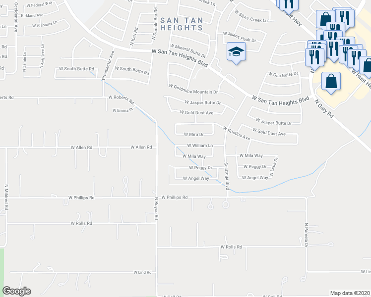 map of restaurants, bars, coffee shops, grocery stores, and more near 2879 West William Lane in Queen Creek