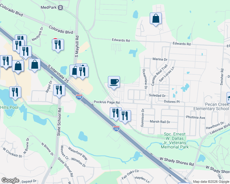 map of restaurants, bars, coffee shops, grocery stores, and more near 4405 Pockrus Page Road in Denton
