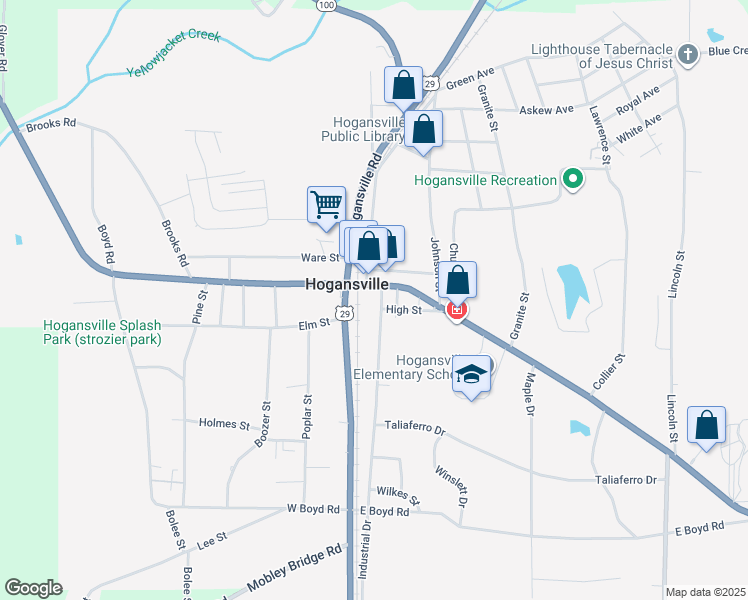 map of restaurants, bars, coffee shops, grocery stores, and more near 101 Oak Street in Hogansville