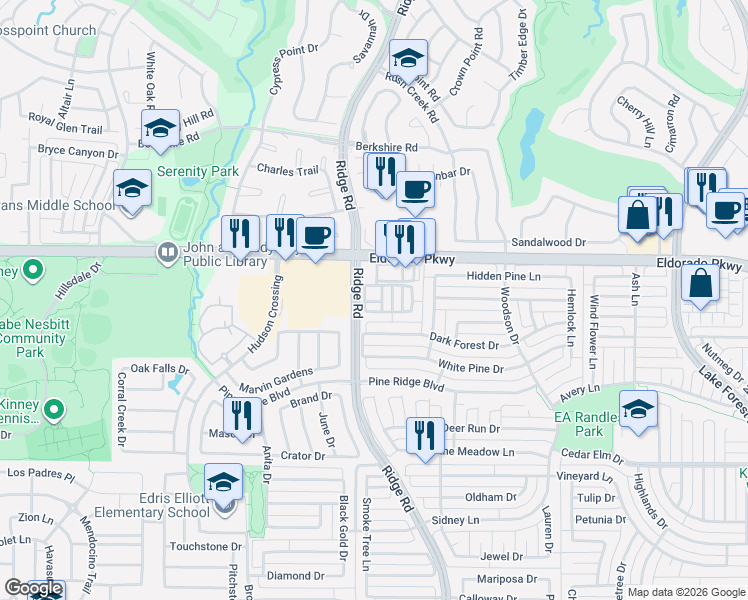 map of restaurants, bars, coffee shops, grocery stores, and more near 3109 Ridge Road in McKinney